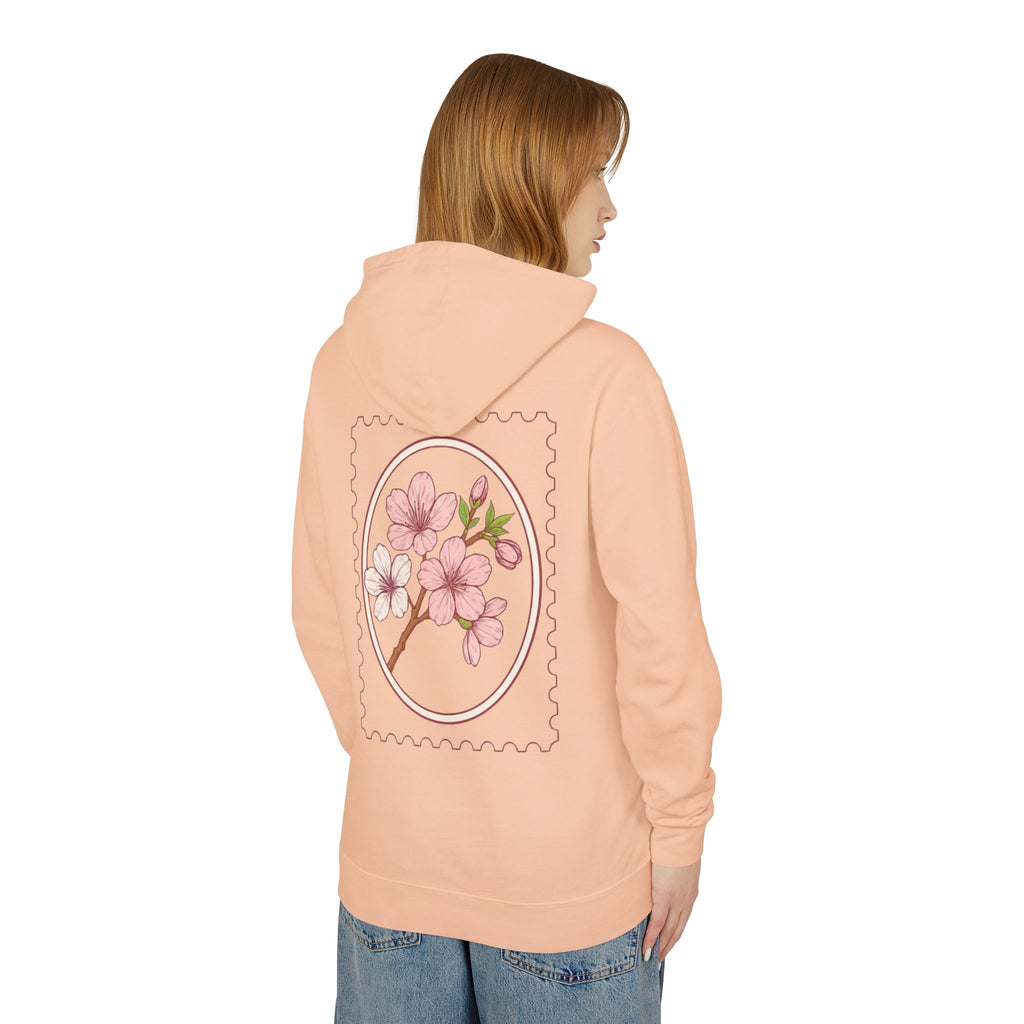 Cherry Blossom Stamp Hoodie — Floral Spring Lightweight Hooded Sweatshirt