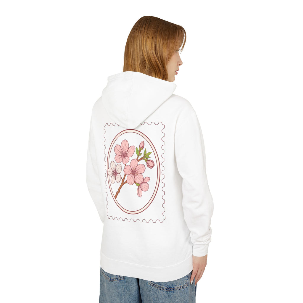 Cherry Blossom Stamp Hoodie — Floral Spring Lightweight Hooded Sweatshirt