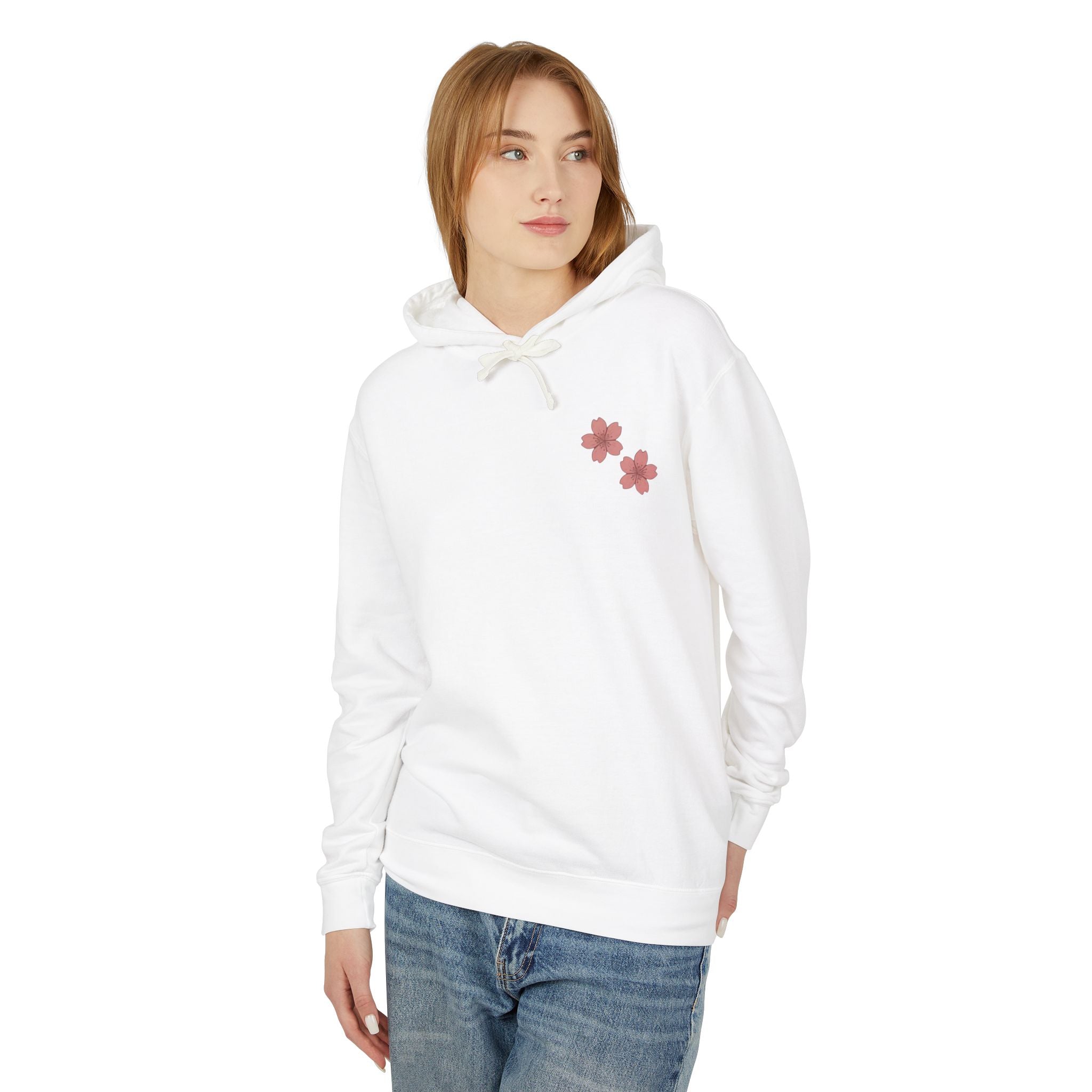 Cherry Blossom Stamp Hoodie — Floral Spring Lightweight Hooded Sweatshirt