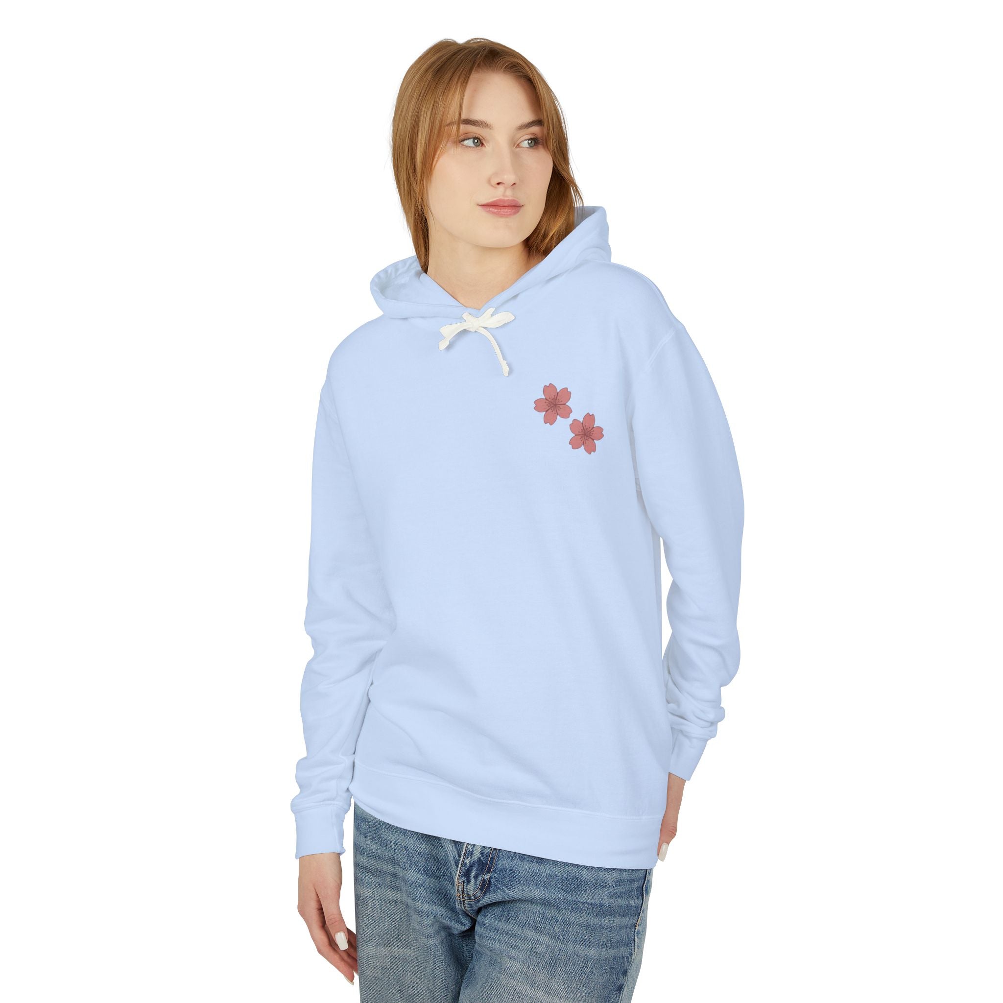 Cherry Blossom Stamp Hoodie — Floral Spring Lightweight Hooded Sweatshirt