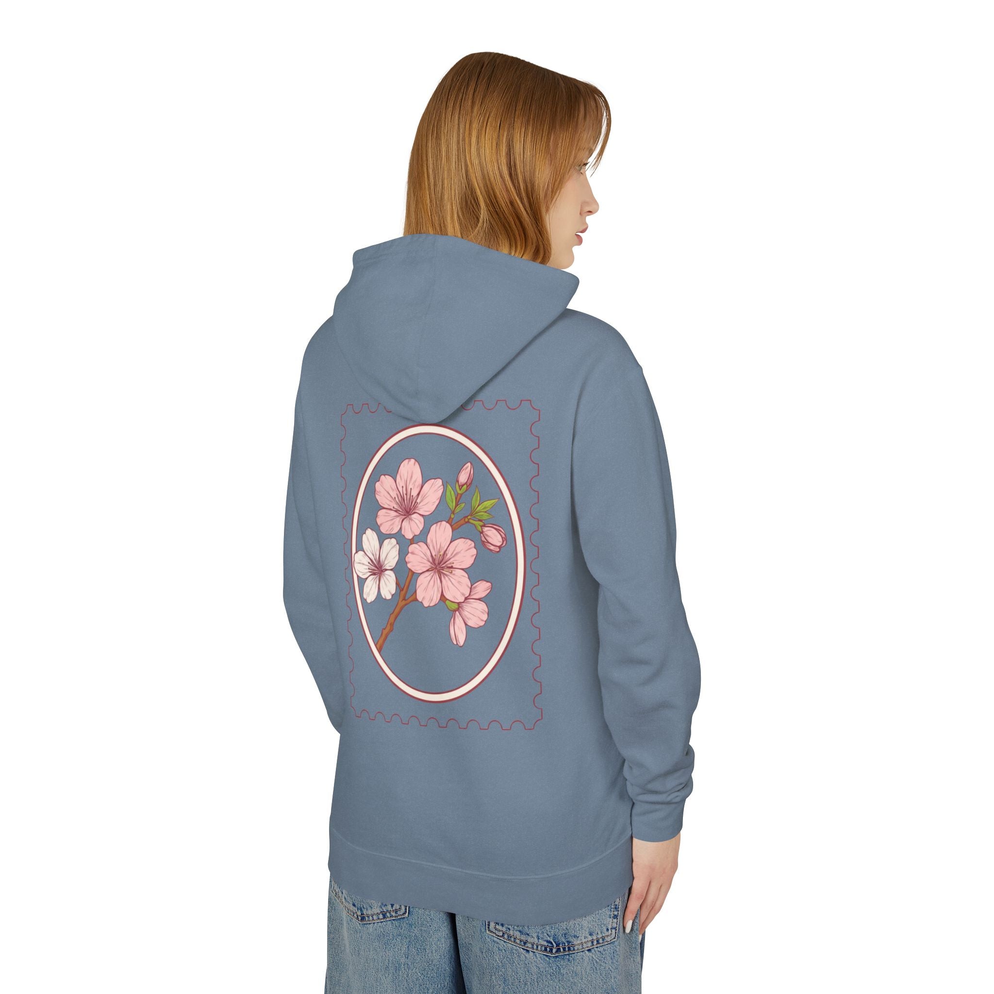 Cherry Blossom Stamp Hoodie — Floral Spring Lightweight Hooded Sweatshirt