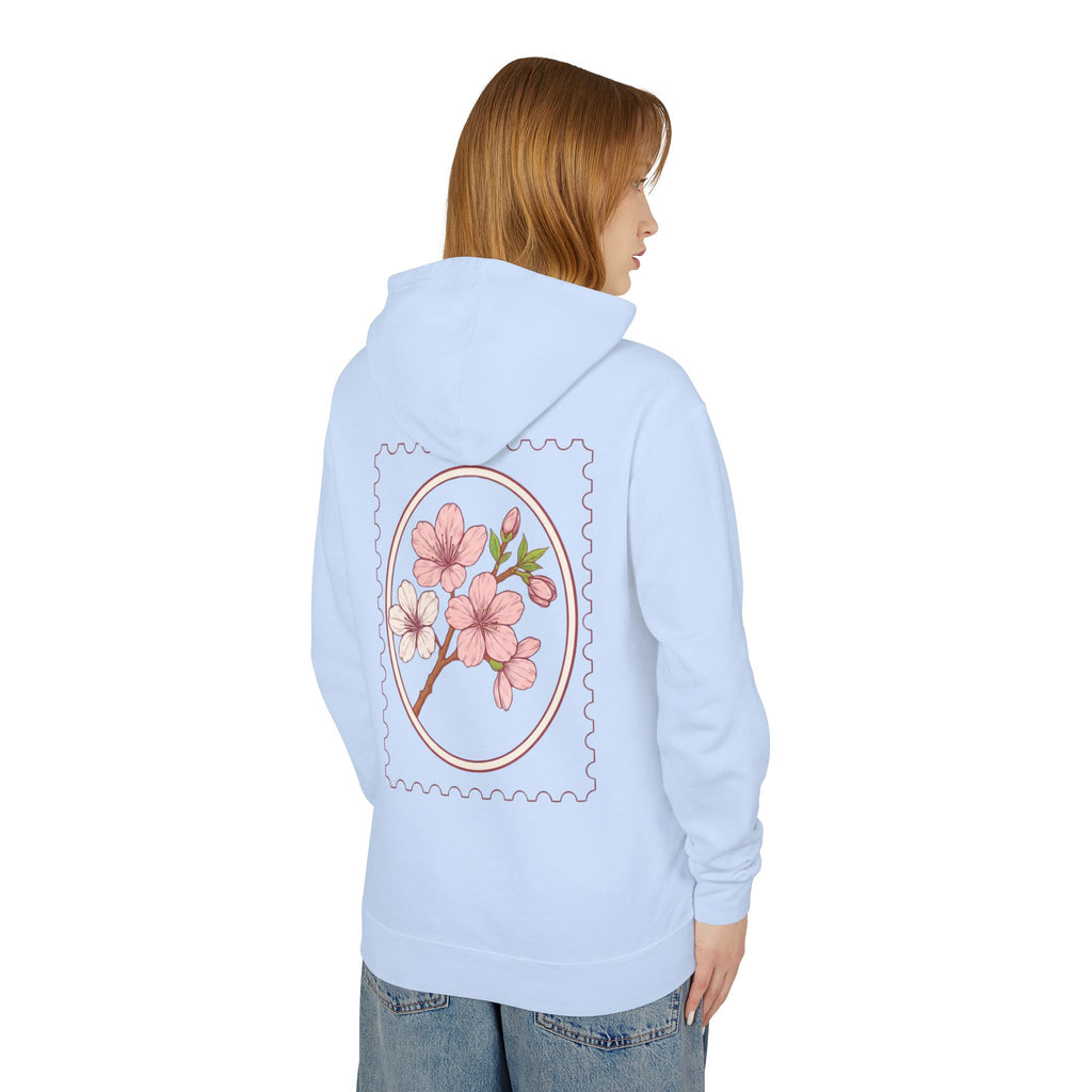 Cherry Blossom Stamp Hoodie — Floral Spring Lightweight Hooded Sweatshirt
