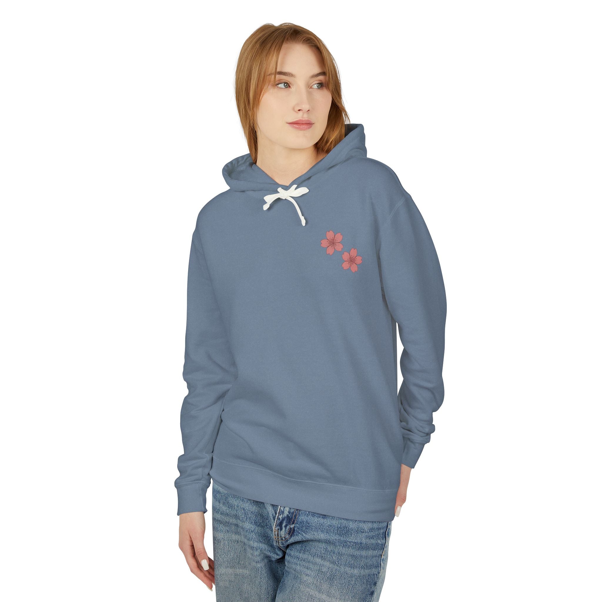 Cherry Blossom Stamp Hoodie — Floral Spring Lightweight Hooded Sweatshirt