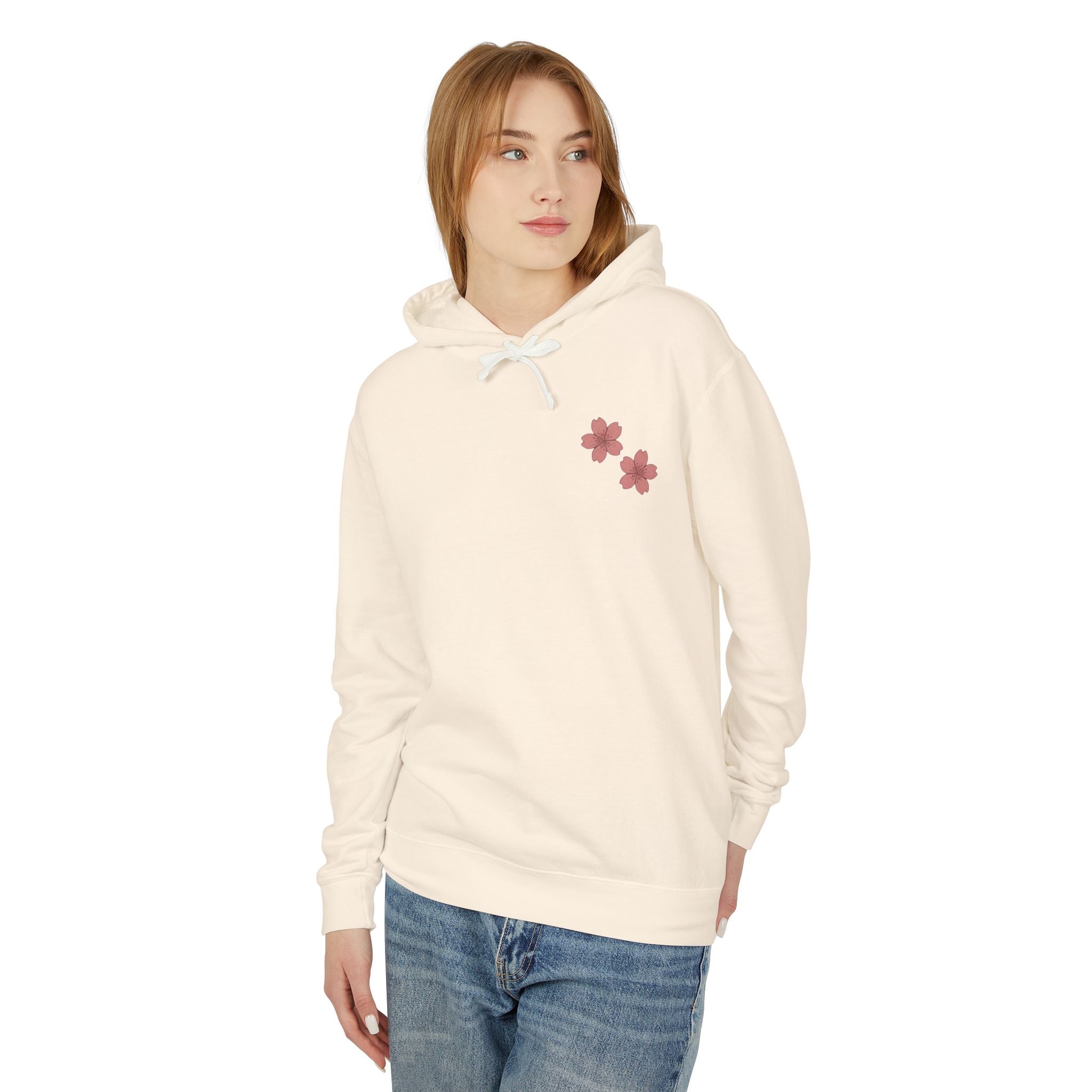 Cherry Blossom Stamp Hoodie — Floral Spring Lightweight Hooded Sweatshirt