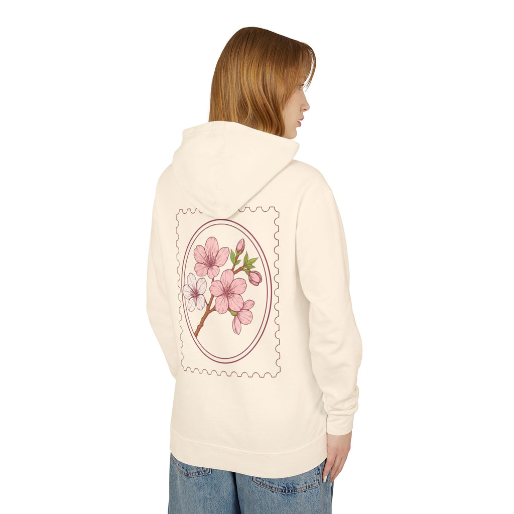 Cherry Blossom Stamp Hoodie — Floral Spring Lightweight Hooded Sweatshirt